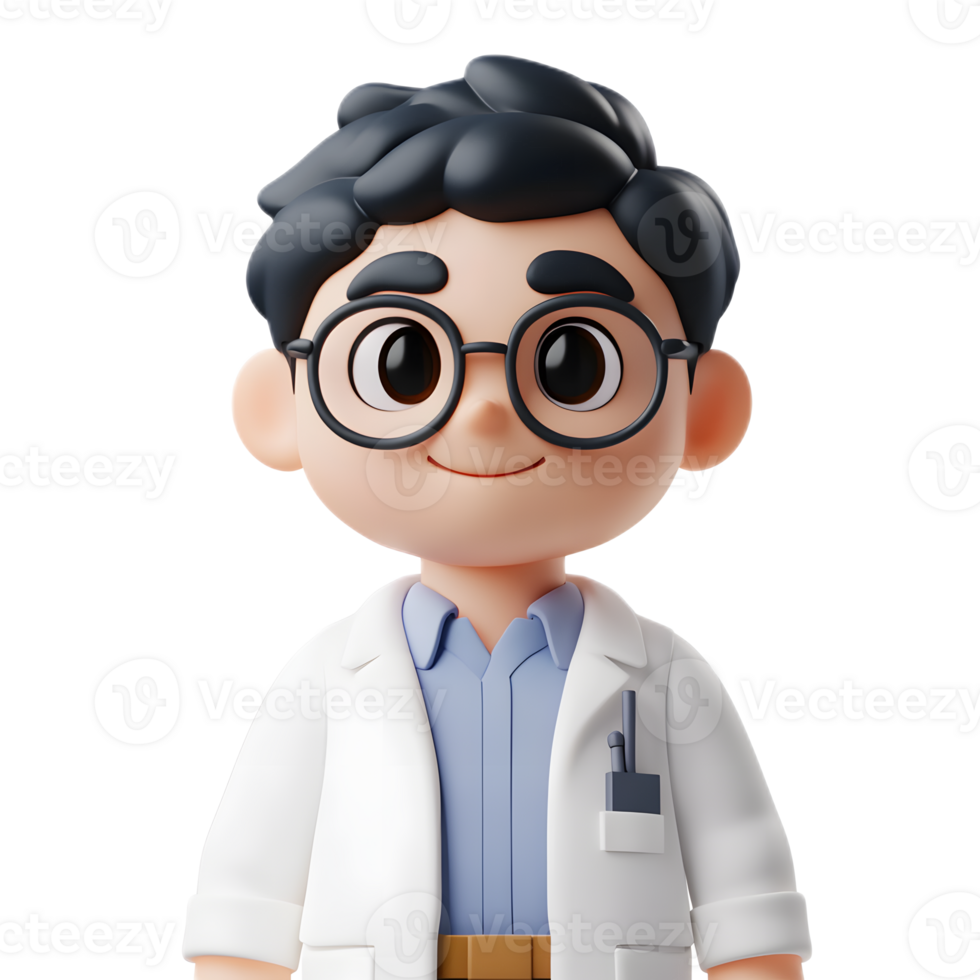 Stylized 3D Render of a Male Scientist Cartoon Character in Lab Coat png