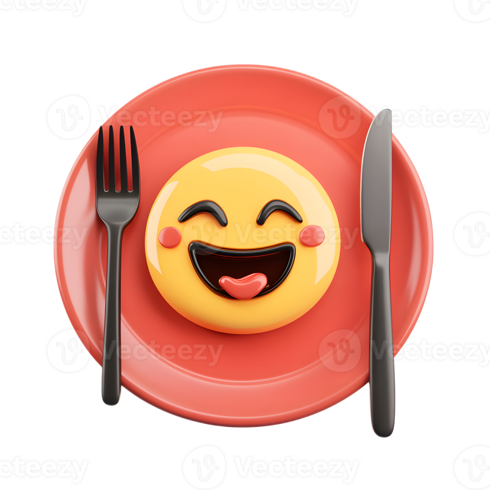Smiling Emoji 3D Rendered Plate with Fork and Knife Isolated png