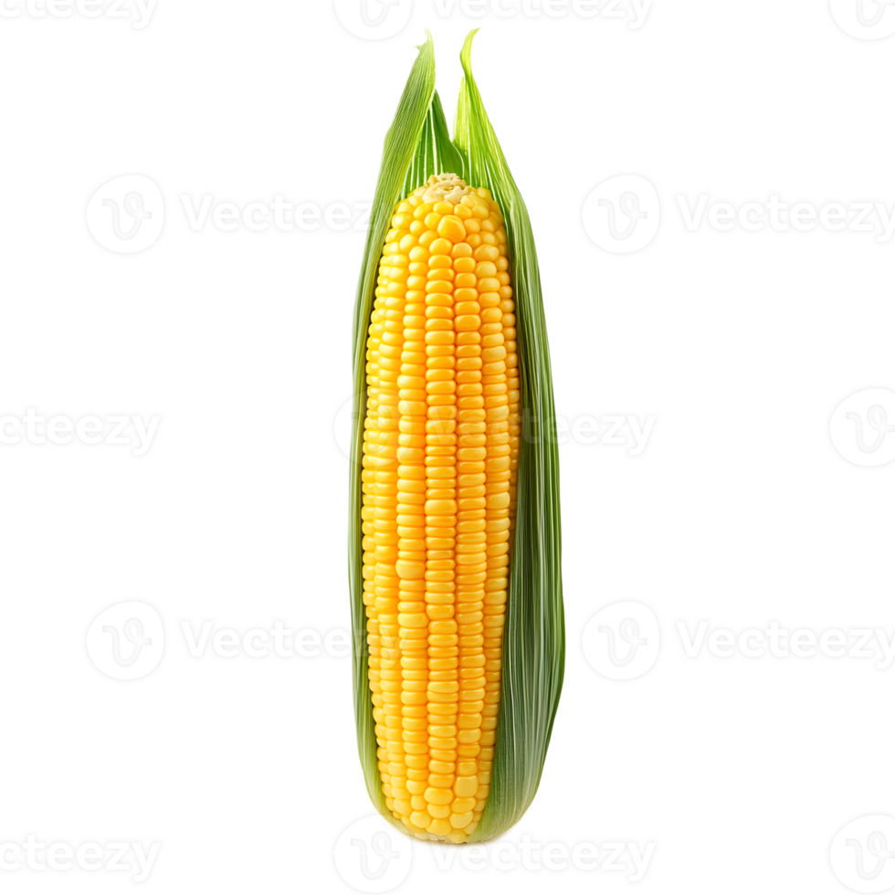 Luscious Yellow Corn Cob with Green Leaves on White Background png