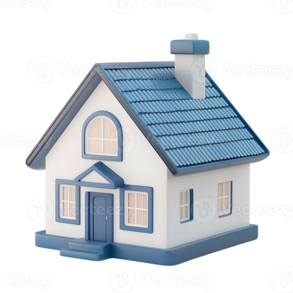 Stylish Blue and White Cottage Style House with Chimney on White Background png