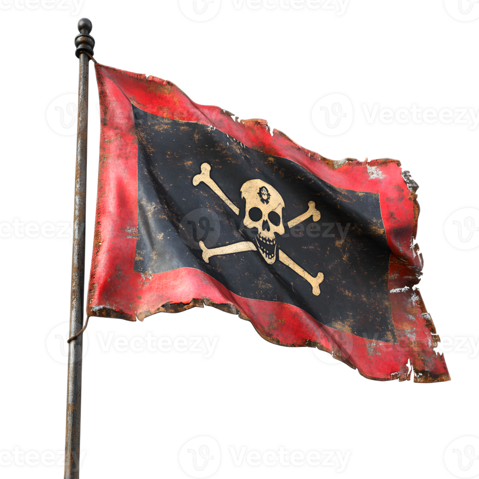 Tattered and Waving Pirate Flag with Skull and Crossbones Symbol png