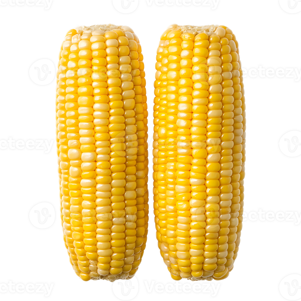 Two golden corns on the cob with fresh and raw textured vegetable png