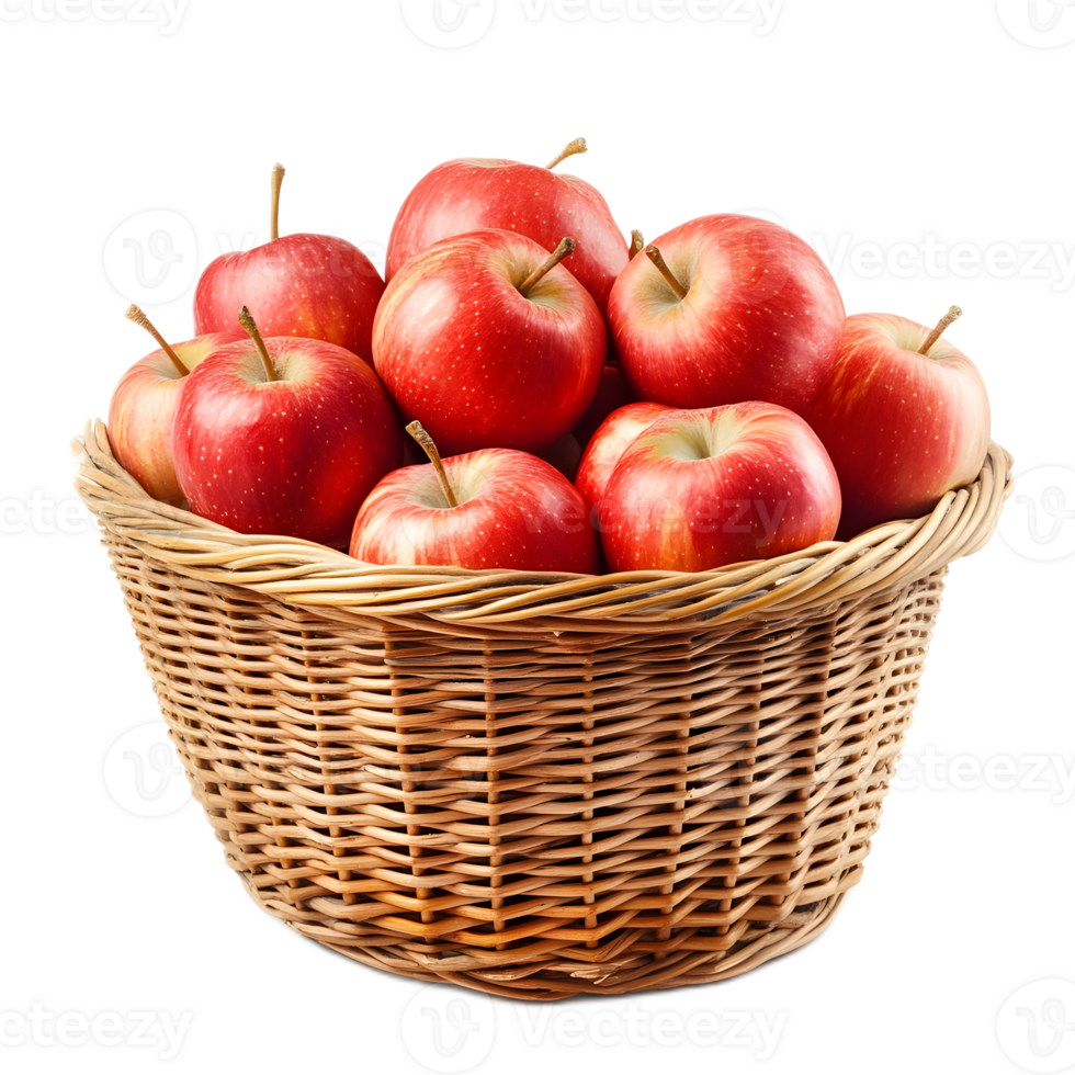 Basket of Freshly Harvested Crisp Red Apples in a Rustic Wicker Container png