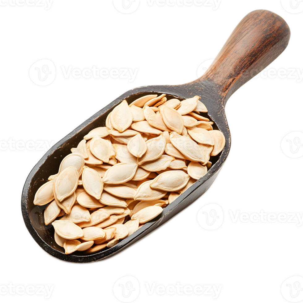 Pumpkin Seeds in a Rustic Wooden Scoop on White Background png