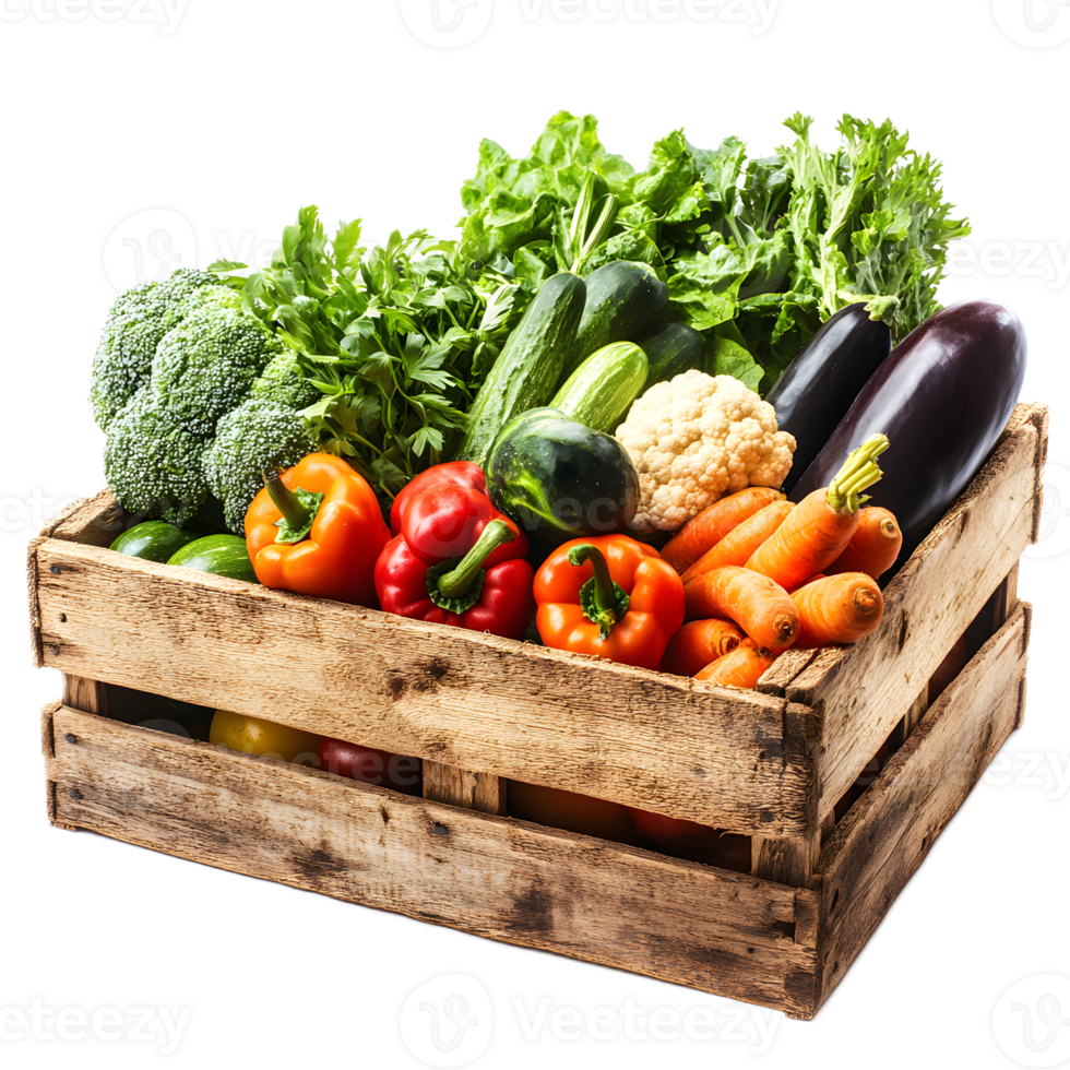 Assorted Fresh Organic Vegetables in Rustic Wooden Crate png