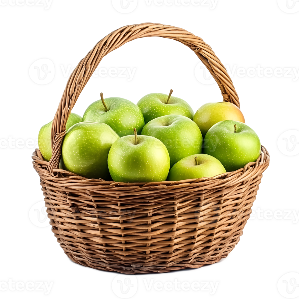 Basket of Fresh Ripe Green Apples in Rustic Wicker Container png