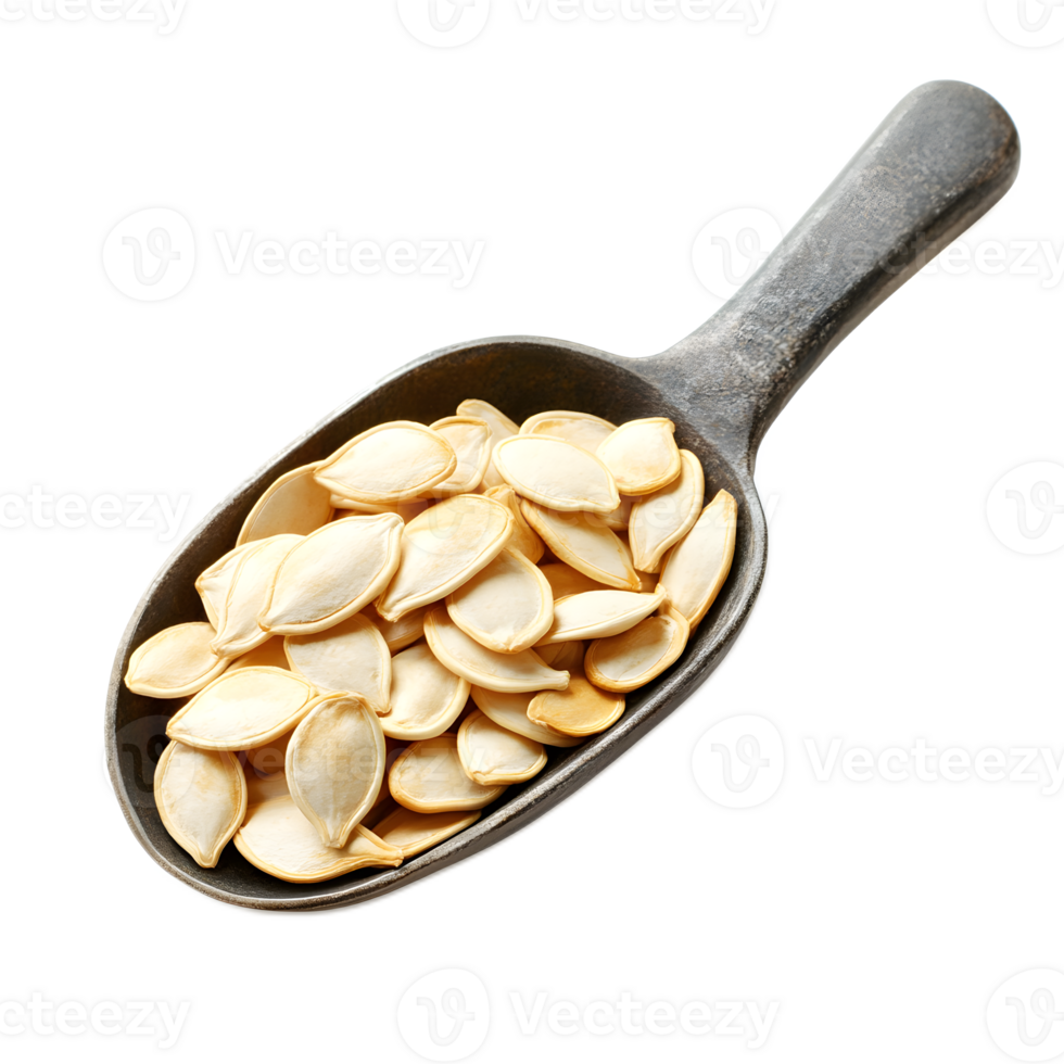 Closeup of Pumpkin Seeds in a Rustic Wooden Scoop on a White Background png