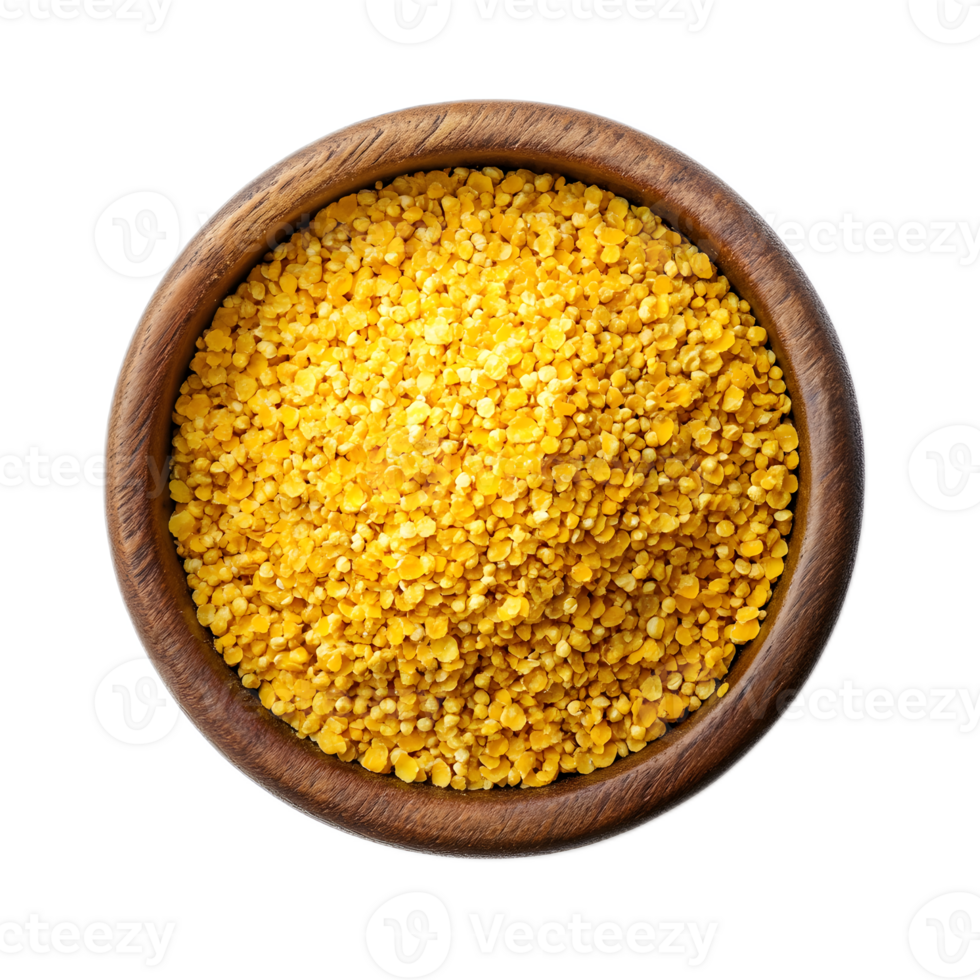 Mouthwatering Millet Grains Displayed in a Rustic Wooden Bowl for Wholesome Nutrition png