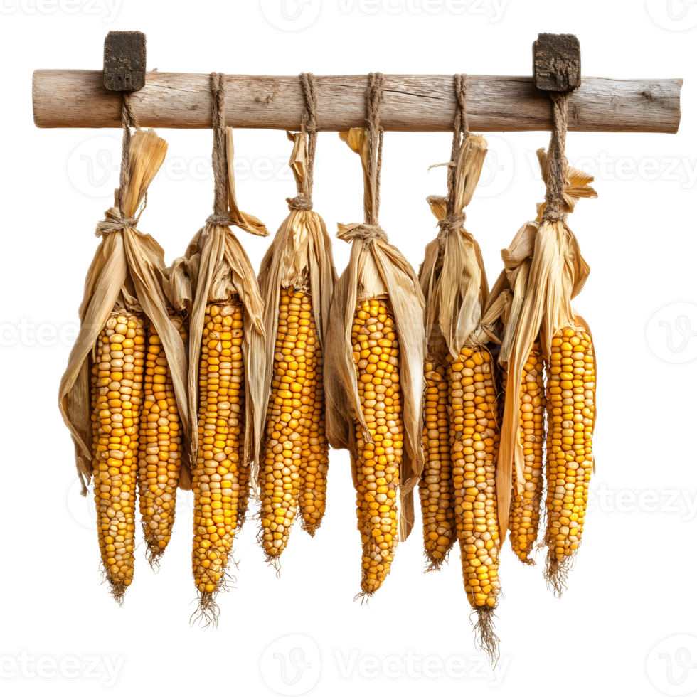 Dried Corn Cobs Hanging on Rustic Wooden Rack in Harvest Arrangement png