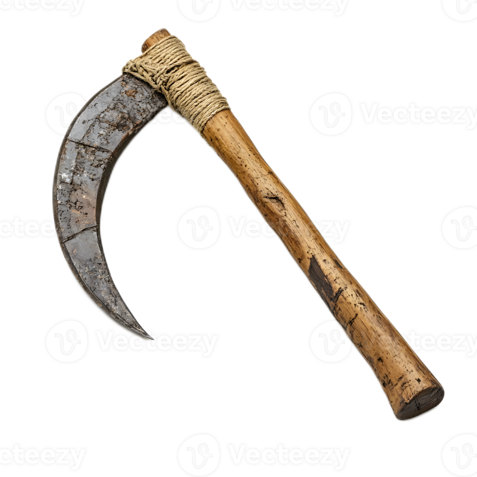 Wooden handled Vintage Sickle Tool for Harvesting and Farming in Rustic Outdoor Settings png