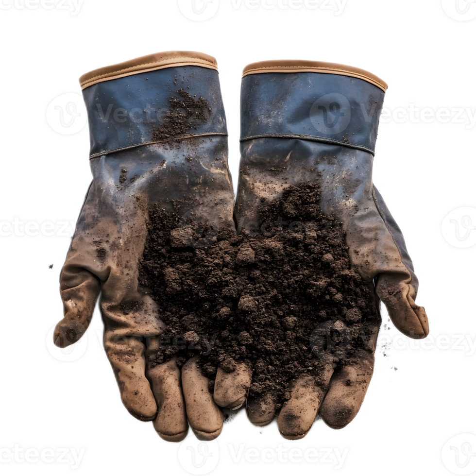 Gardening Gloves Covered in Soil and Dirt for Outdoor Cultivation Work png