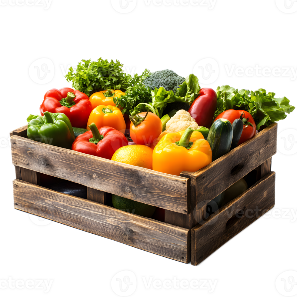 Wooden Crate Filled with Assorted Fresh Vegetables and Produce for Healthy Eating and Cooking png