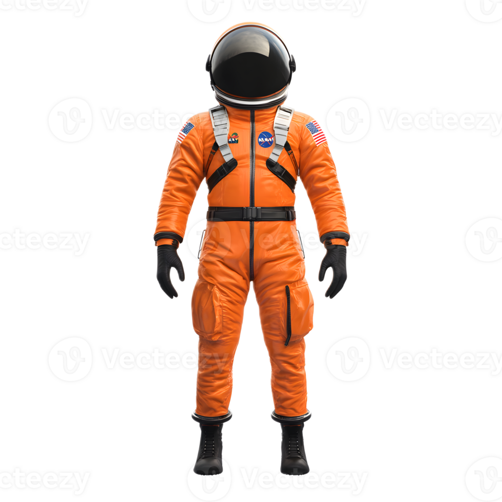 Astronaut in Vibrant Orange Spacesuit Floating in Futuristic Environment png