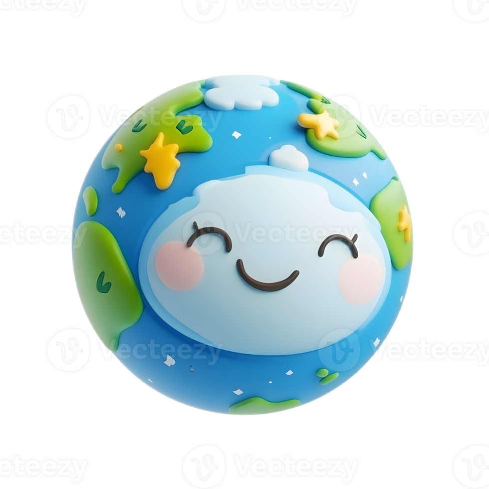 Cheerful Kawaii Earth Globe Character Floating in Whimsical Outer Space Environment png