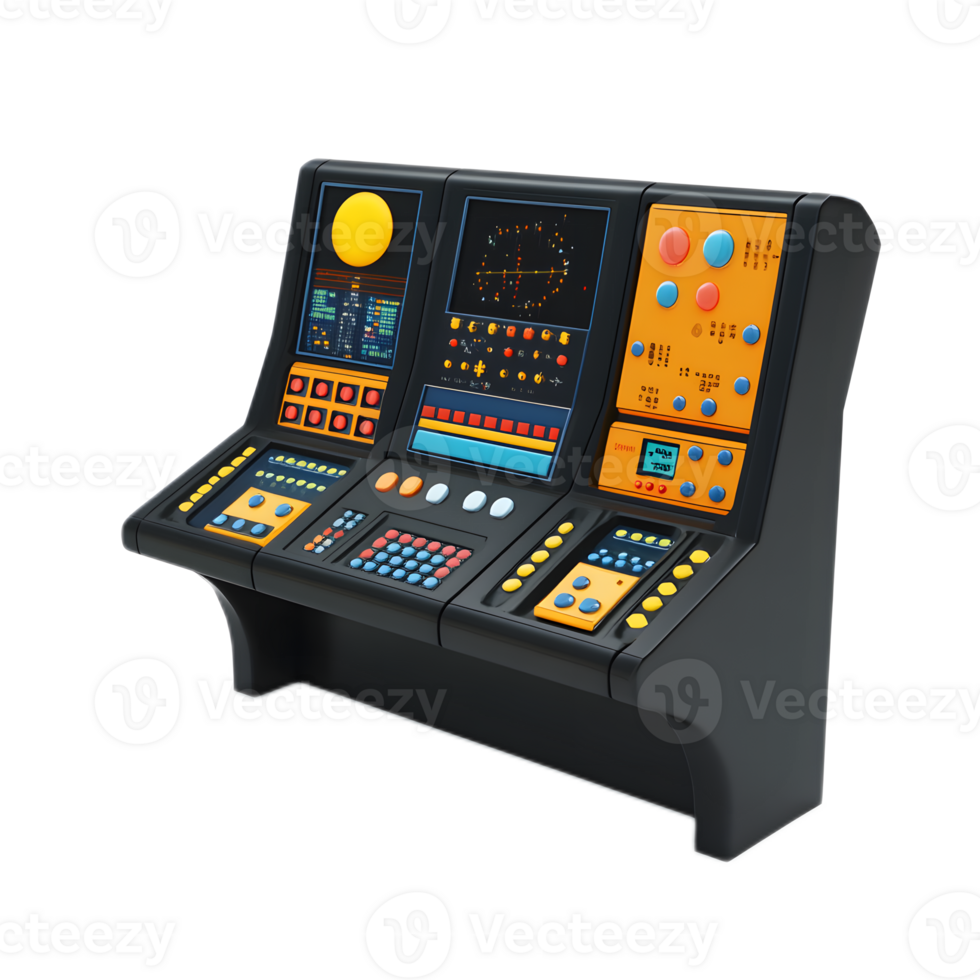 Futuristic Command Console with Advanced Digital Displays and Controls png