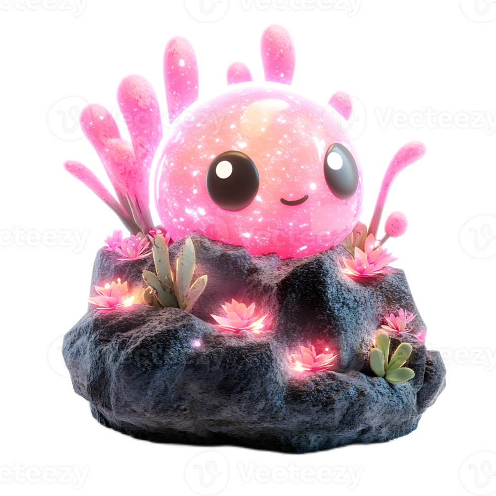 Adorable Kawaii Alien Creature with Colorful Floral Tentacles in Whimsical Fantasy Landscape png