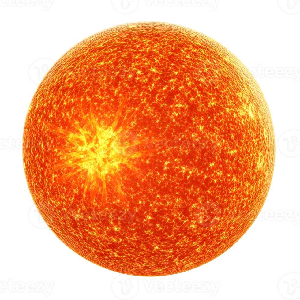 Bright and Fiery Sun with Brilliant Solar Flares Radiating Energy from the Center of the Solar System png