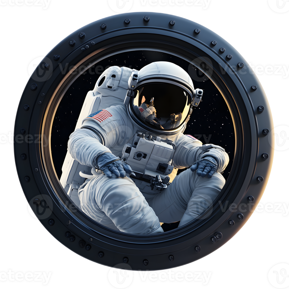 Astronaut Gazing Through Spacecraft Window at Vast Cosmic Expanse During Exploratory Space Voyage png