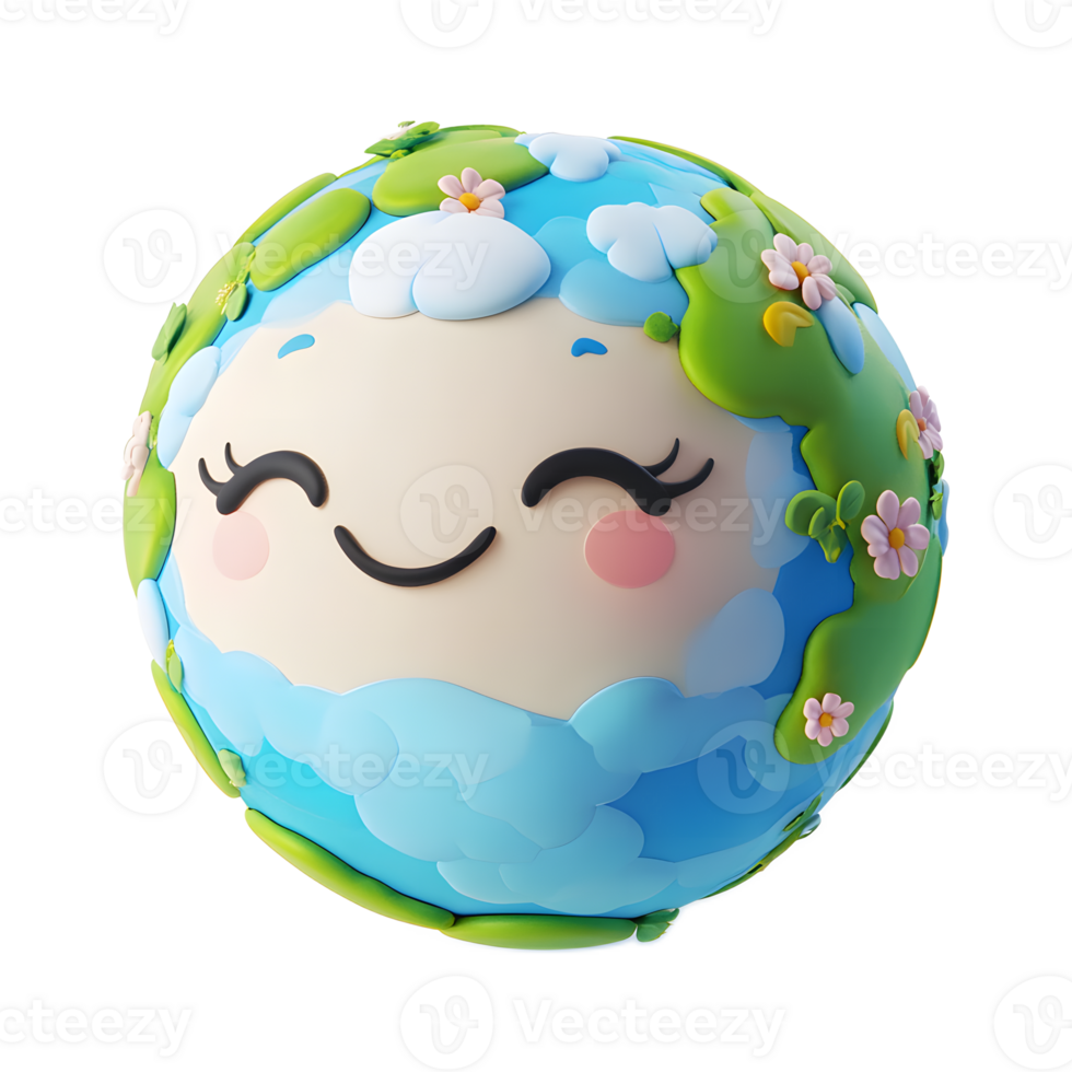 Cute and Whimsical Kawaii Cartoon Earth Globe with a Cheerful Smiling Face Surrounded by Lush Greenery and Floating in Space png