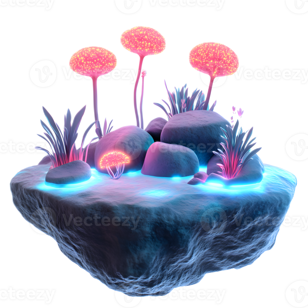 Enchanting Bioluminescent Alien Planet Landscape with Vibrant Flora and Glowing Rocks png