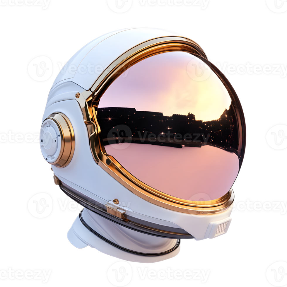 Futuristic Astronaut Helmet Reflecting Sunset Landscape in Space png