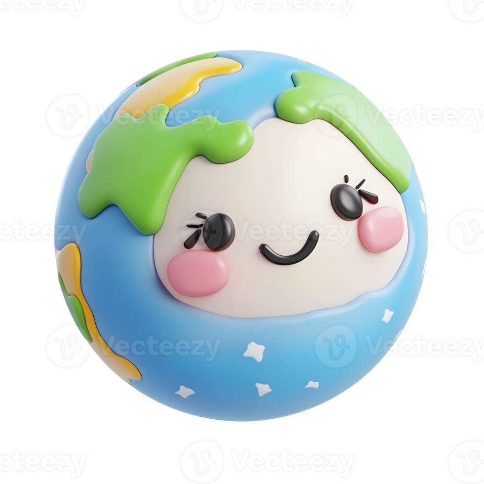 Cute Smiling Cartoon Globe Character with Kawaii Facial Features Representing Friendly and Playful Earth from Space png
