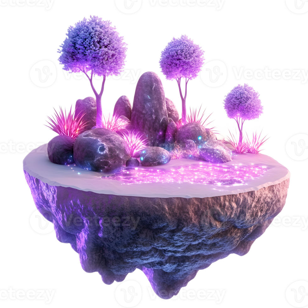 Enchanting Floating Alien Landscape with Vibrant Colorful Trees Mushrooms and Surreal Organic Elements png