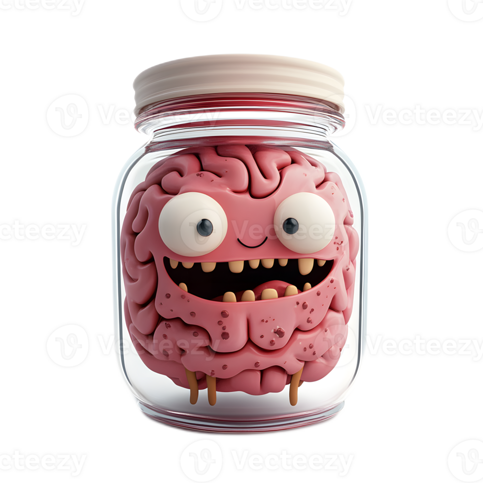 Kawaii Floating Alien Brain in a Jar with Colorful Cartoon Style Design png