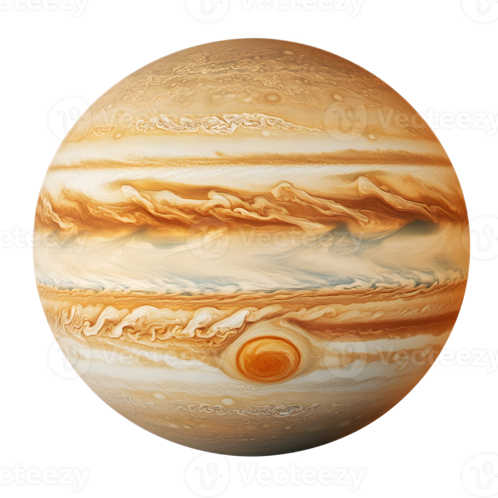 Massive Gas Giant Planet with Swirling Orange Atmosphere and Iconic Great Red Spot png