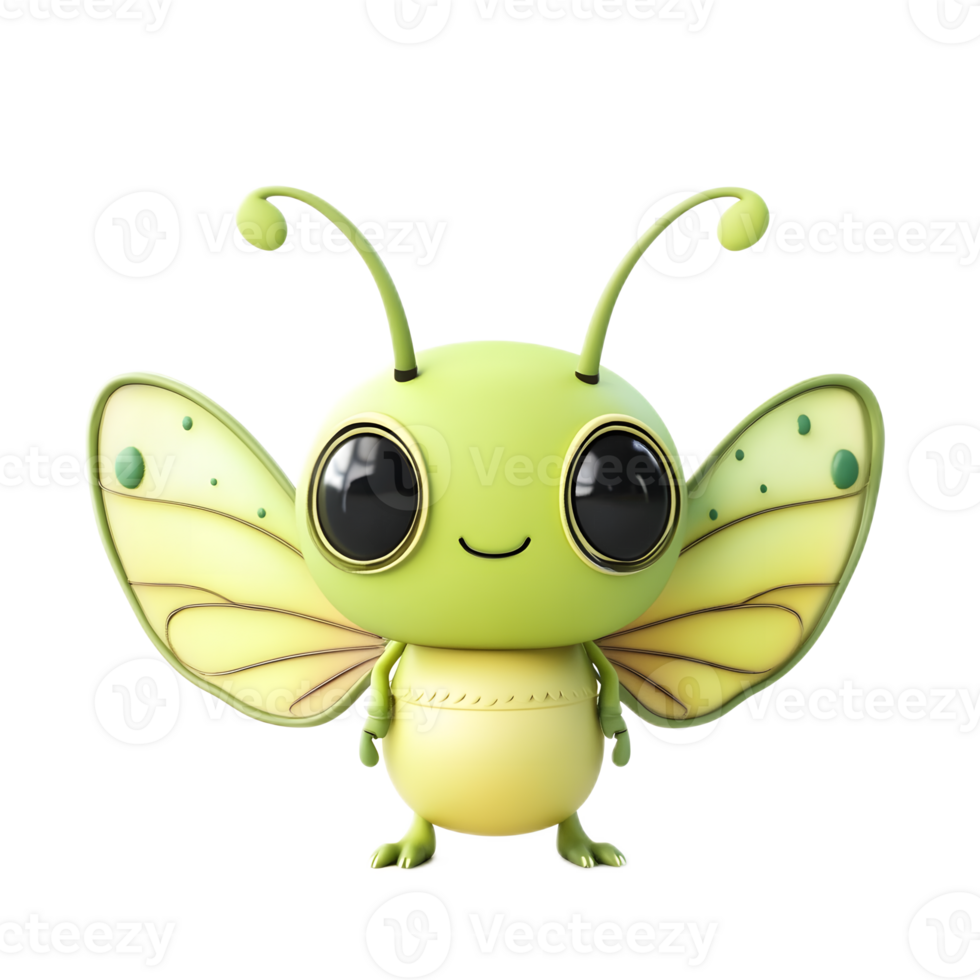 Whimsical Kawaii Insectoid Alien Creature with Vibrant Green Wings and Cheerful Facial Expression png