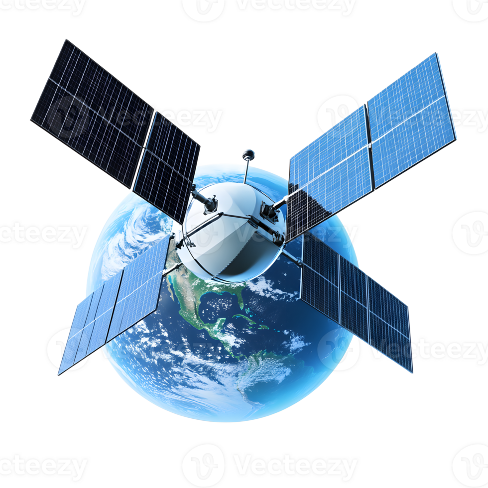 Satellite Orbiting the Earth with Solar Panels for Global Communication and Environmental Monitoring png