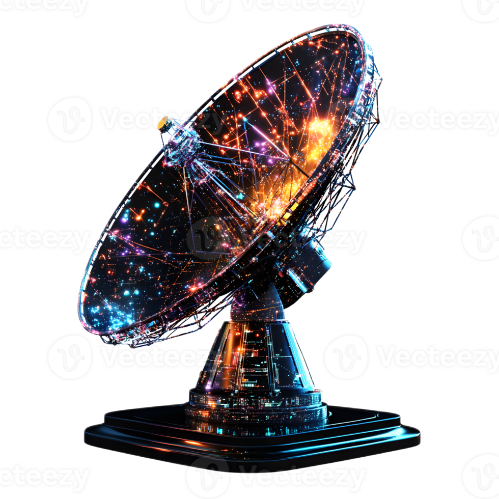 Glowing Deep Space Radio Signal Visualization With Satellite Antenna and Galaxy Backdrop png