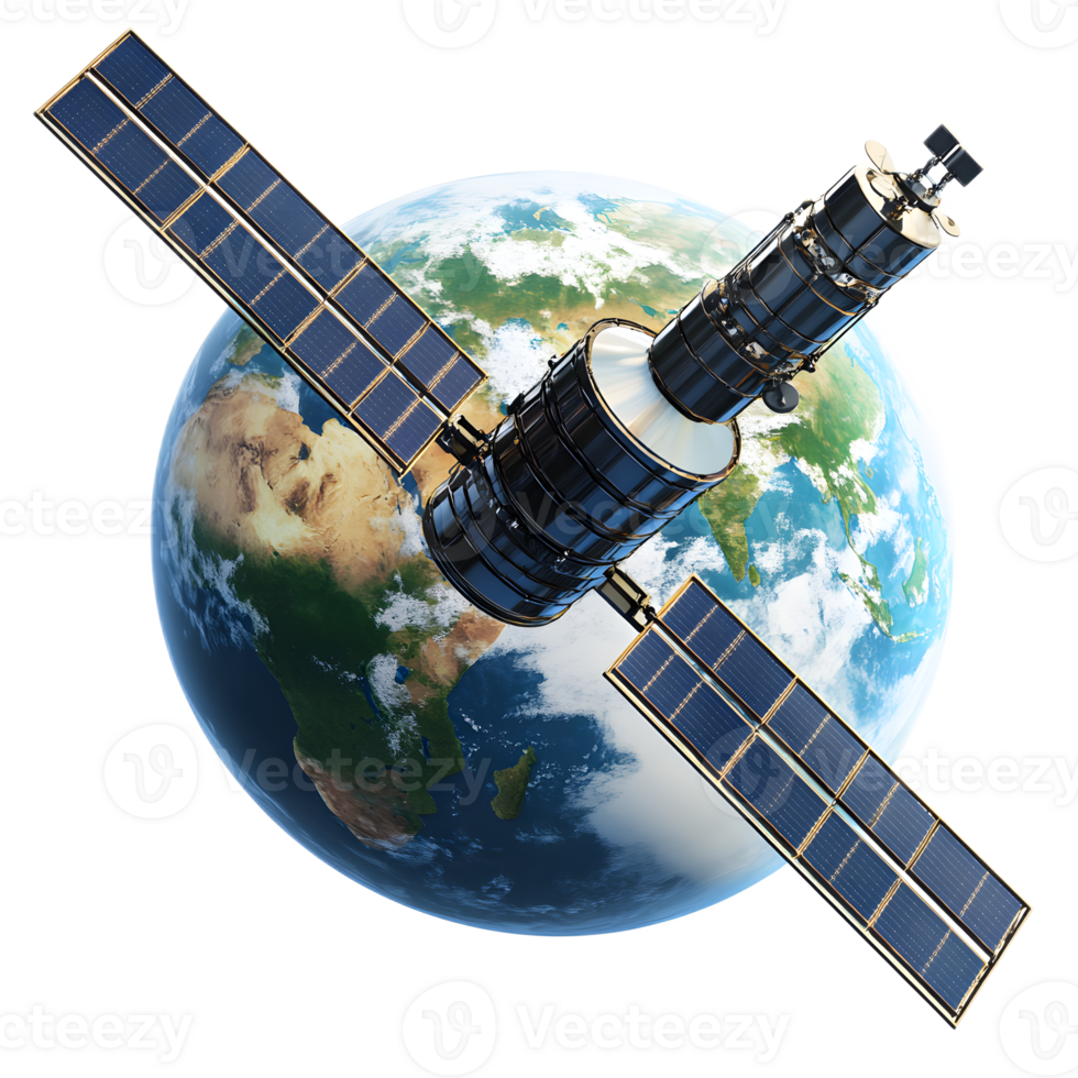 Satellite Orbiting Earth with Solar Panels and Antenna for Global Communication and Monitoring png
