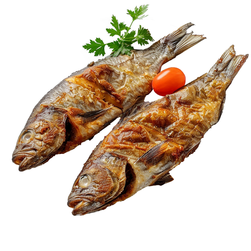 Two crispy fried fish garnished with parsley and tomato png