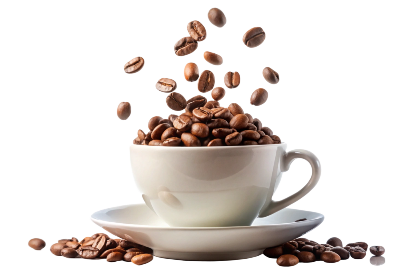 3d Roasted Coffee Beans Falling into a White Coffee Cup png