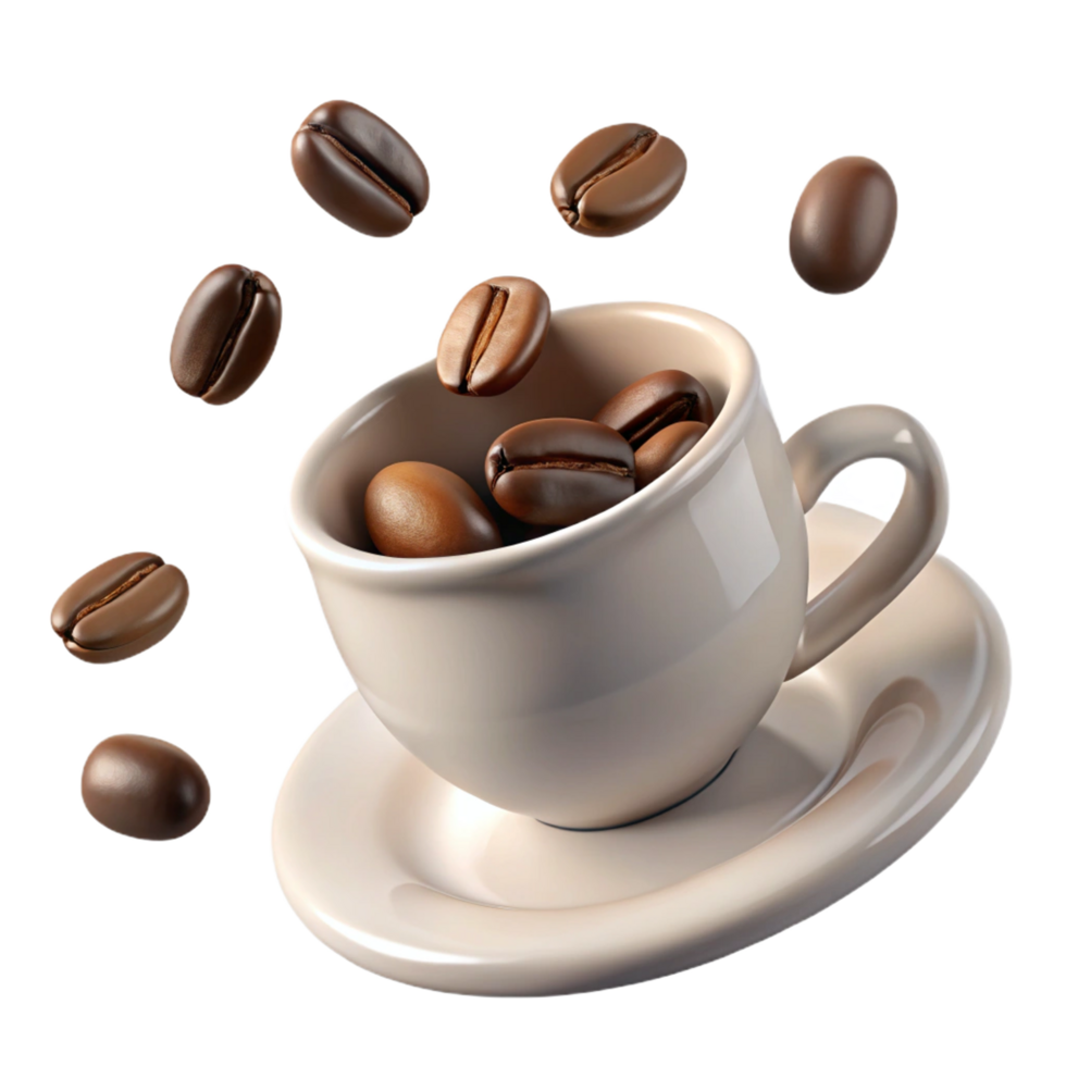 3d Beans Falling into a Beige Coffee Cup and Saucer png