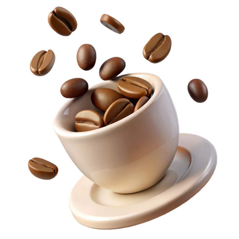 3d Coffee Beans Falling into a Beige Coffee Cup and Saucer png