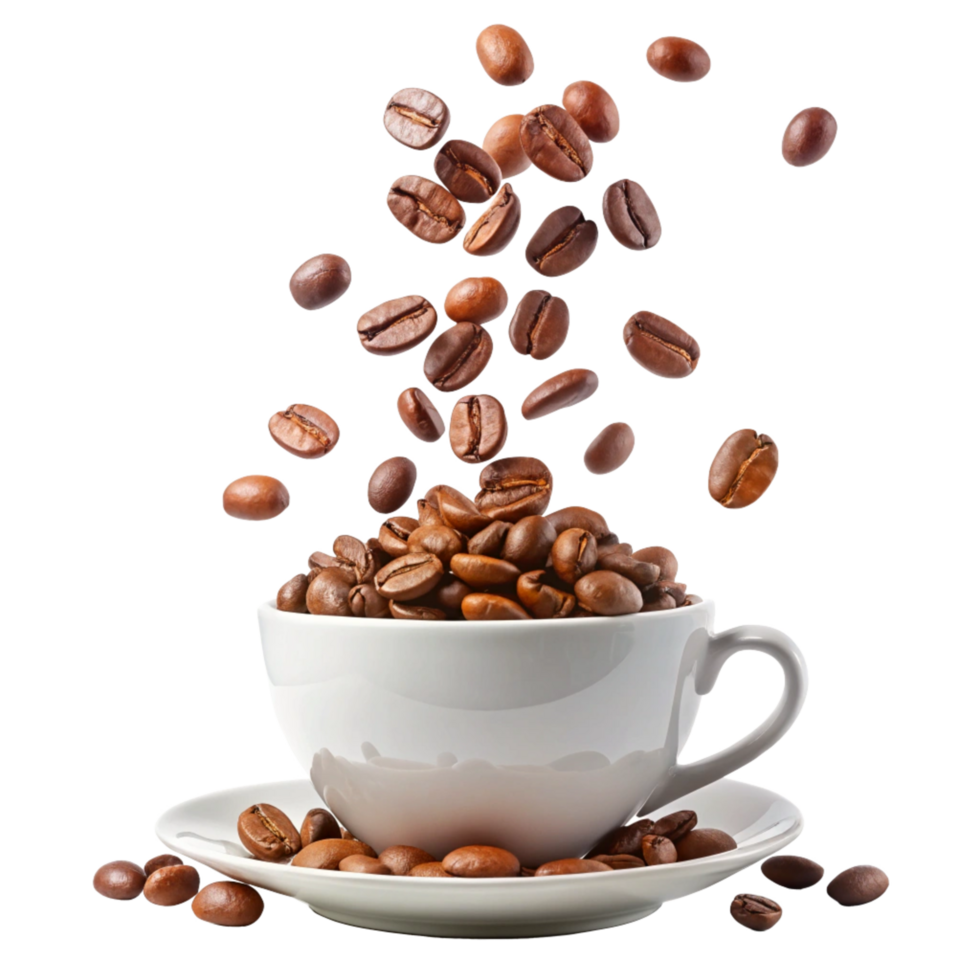 Coffee Beans Falling into a White Coffee Cup Saucer png