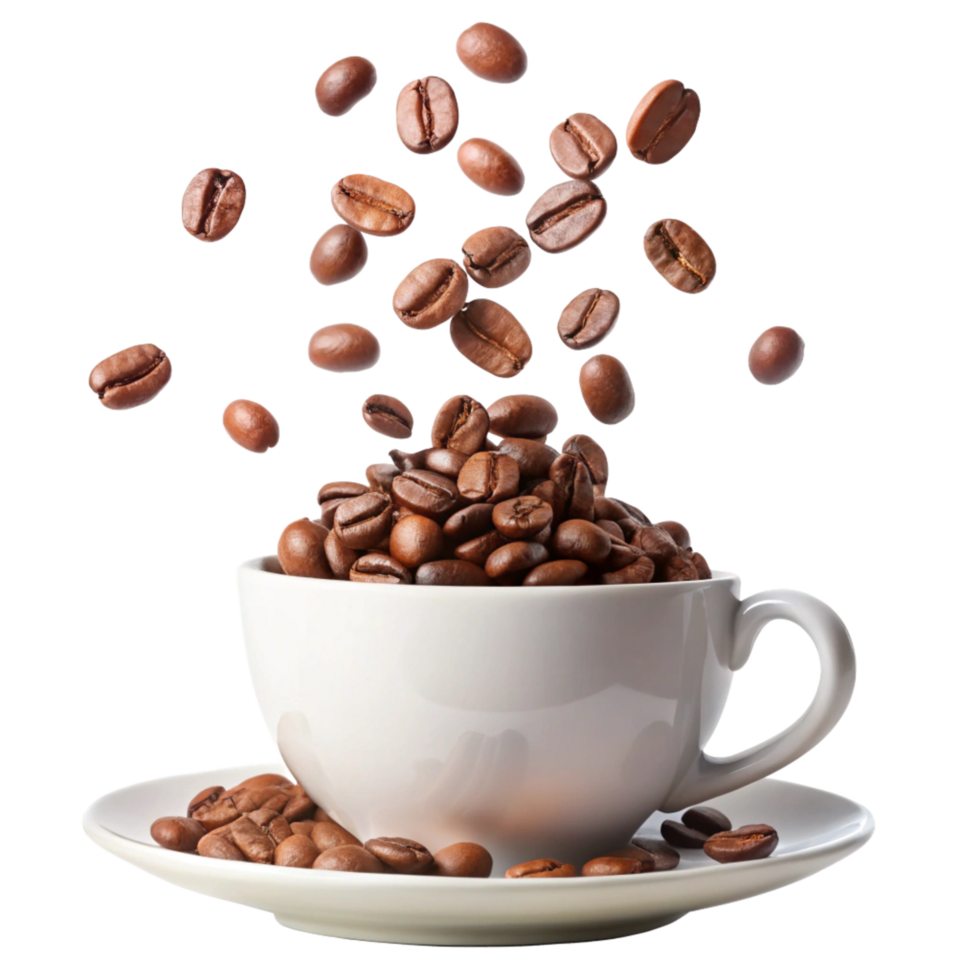 3d Coffee Beans Falling into a White Cup and Saucer png