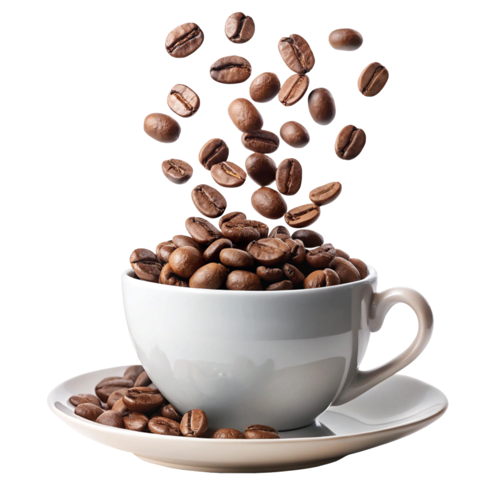 3d Roasted Coffee Beans Falling into a White Cup Saucer png