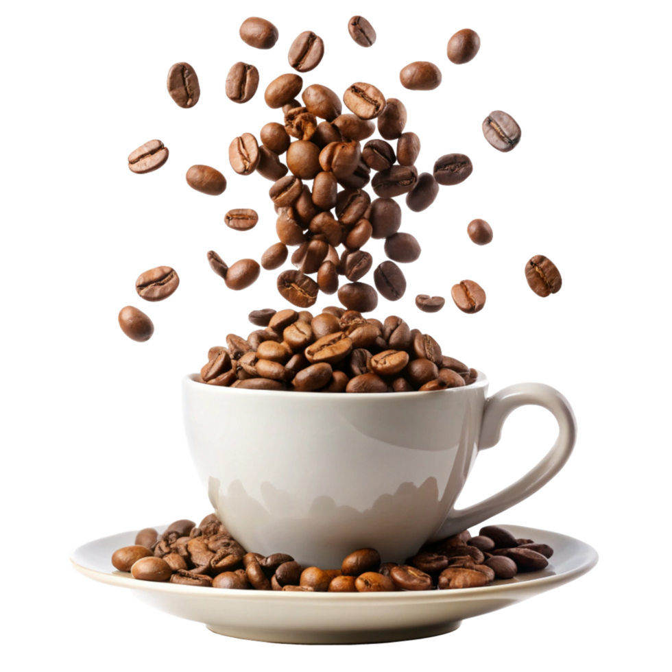 3d Roasted Coffee Beans into a White Coffee Cup and Saucer png