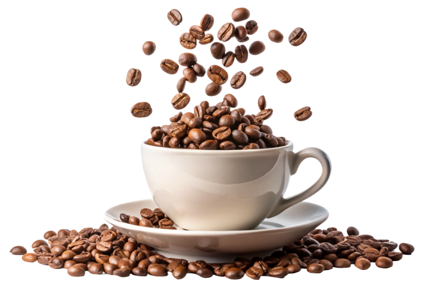 3d Roasted Coffee Beans Falling into White Coffee Cup on Saucer png