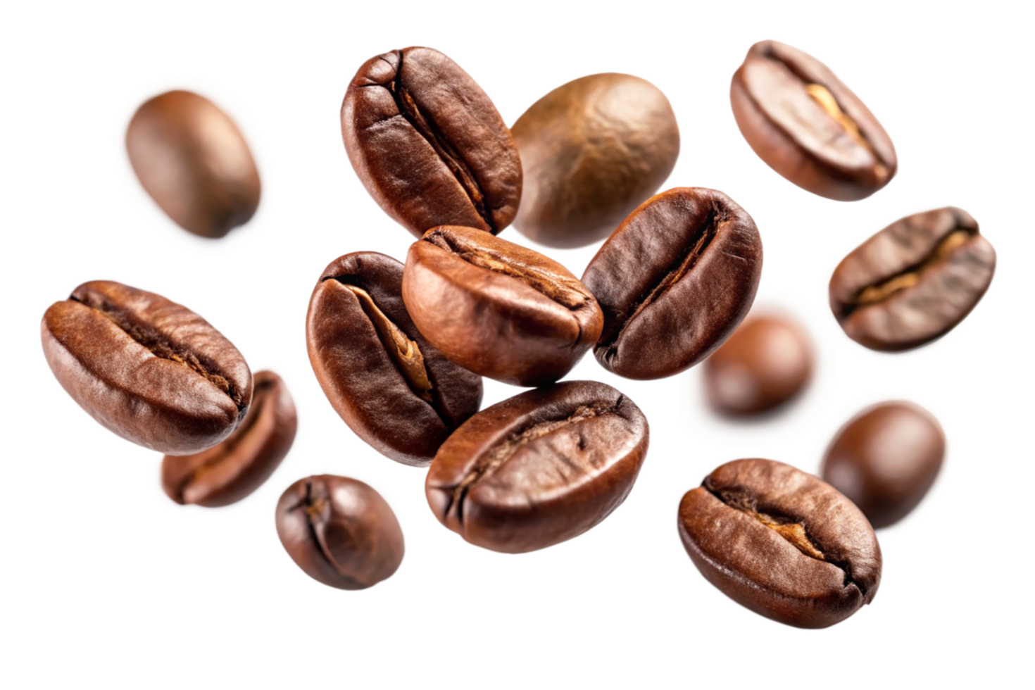 Roasted Coffee Beans Falling in Air Closeup View of Aromatic Beans png