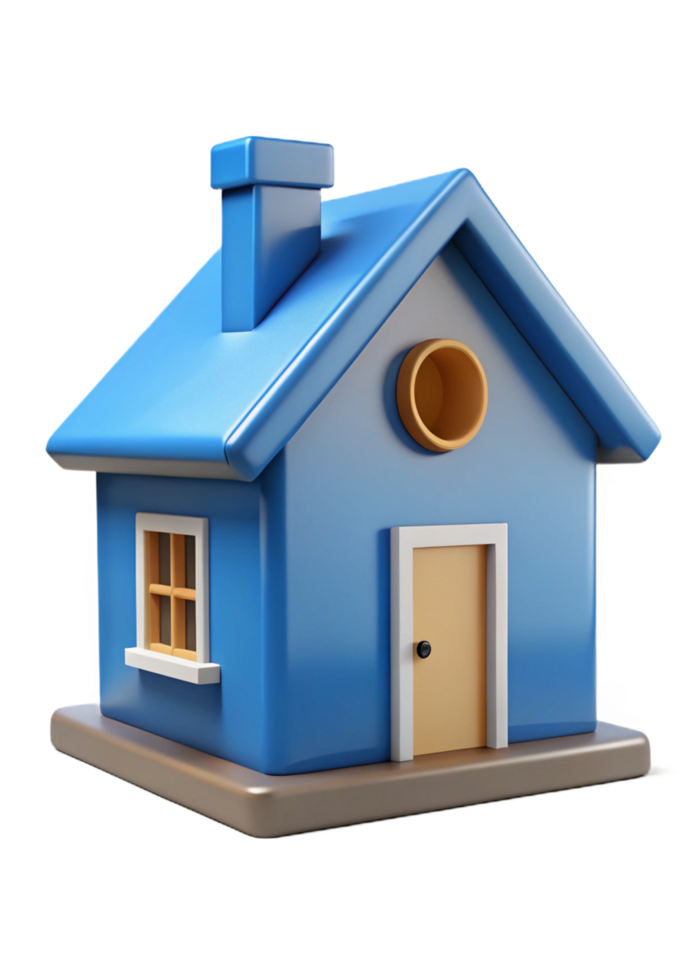 A charming 3D rendered model of a small blue house with a brown door and chimney png