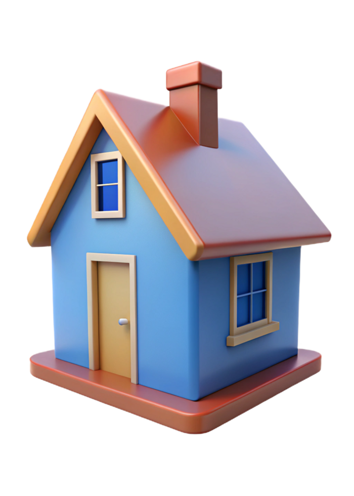 A charming 3D rendered model of a small blue house with a red roof and orange accents png