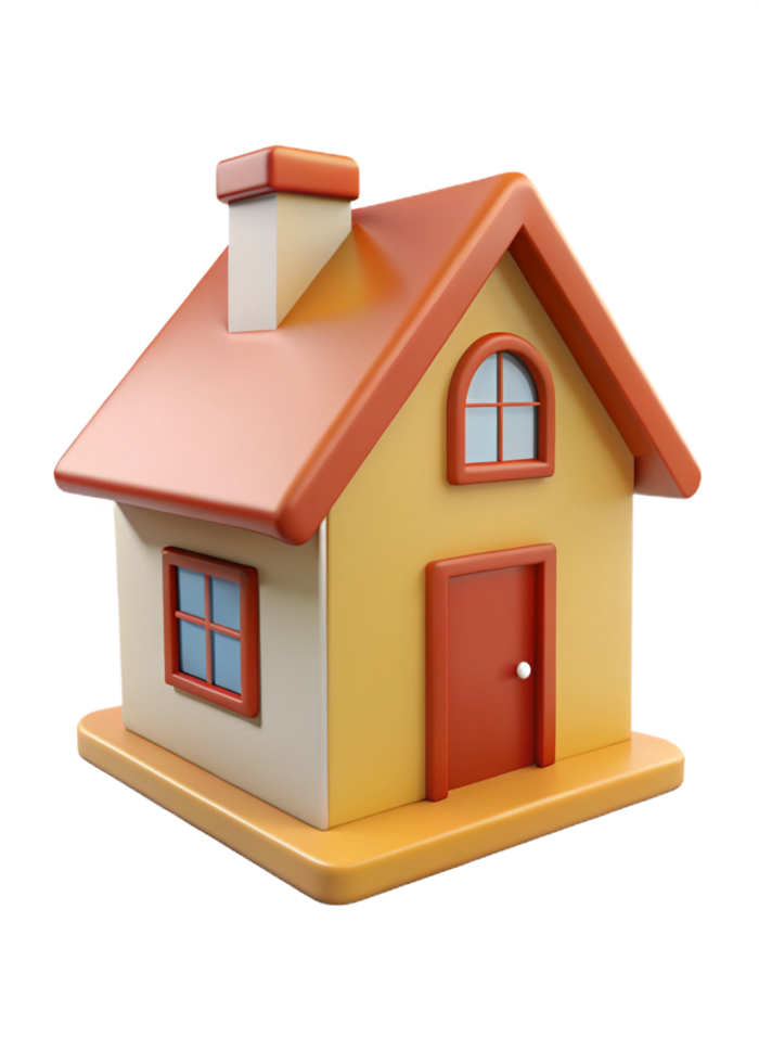 A charming 3Drendered cartoon house model with orange roof and yellow walls png