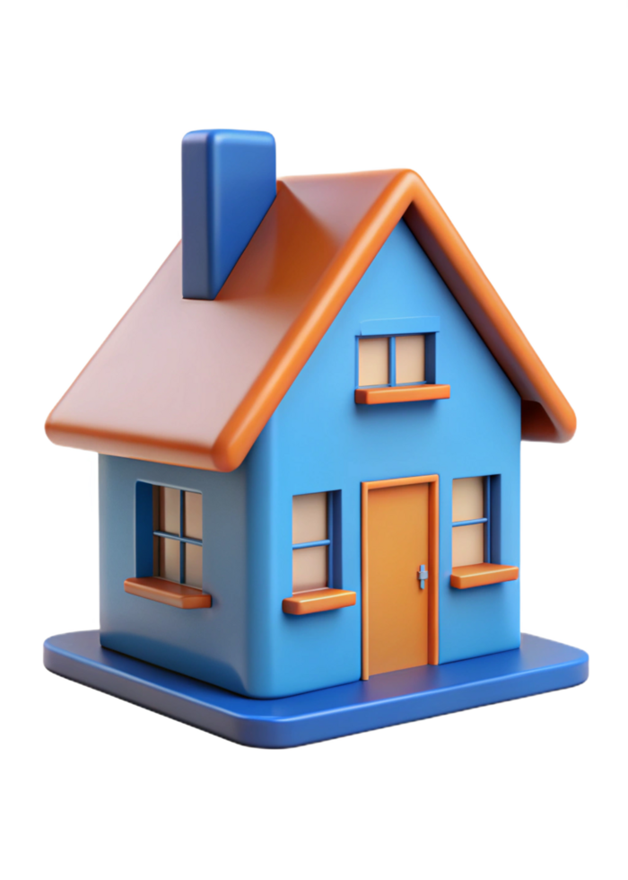 A charming 3D model of a small blue house with an orange roof and chimney png