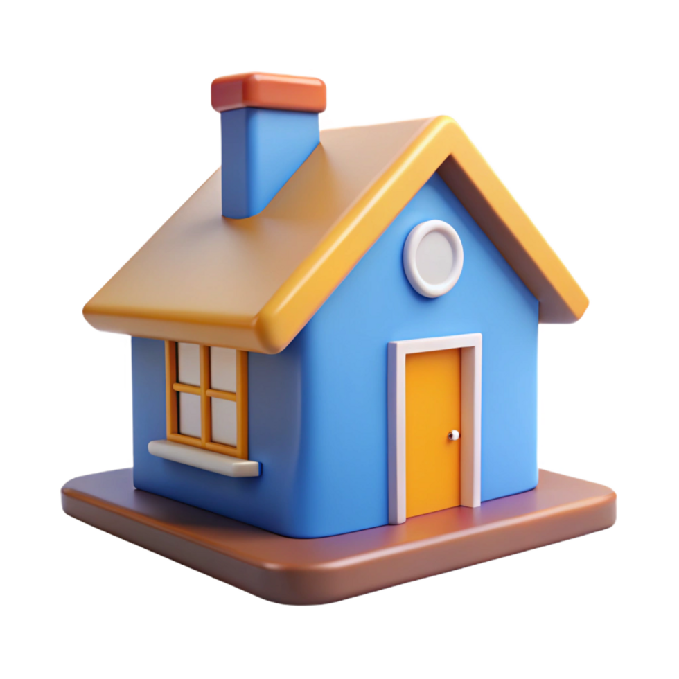 Cute 3D Render of a Small Blue House with Orange Roof and Door png