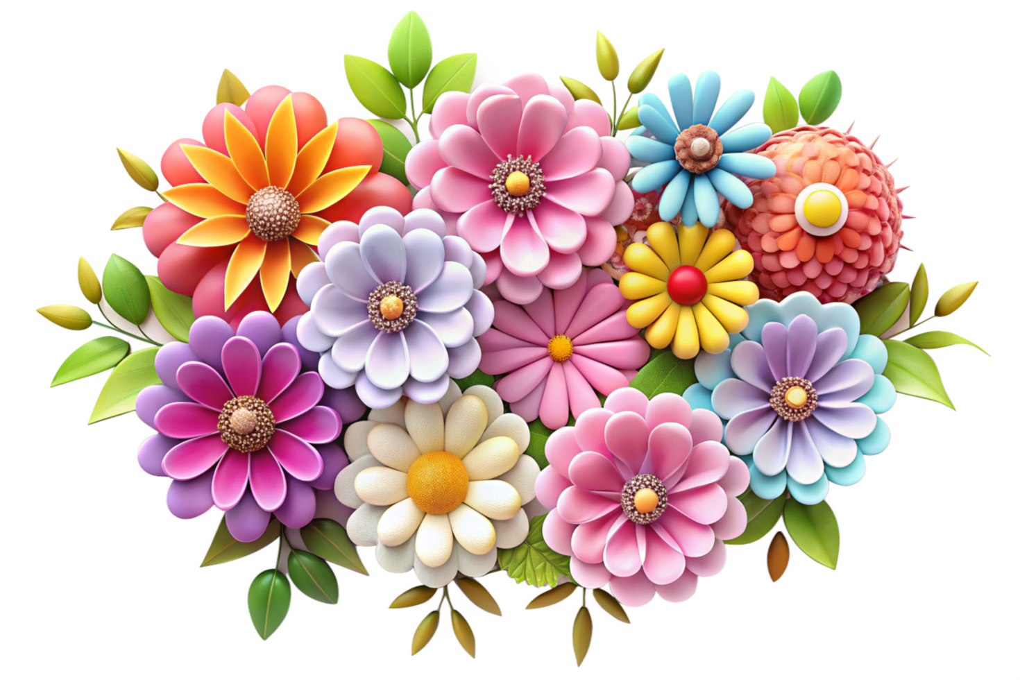 Vibrant 3D Render of a Colorful Flower Bouquet with Lush Petals and Green Leaves png