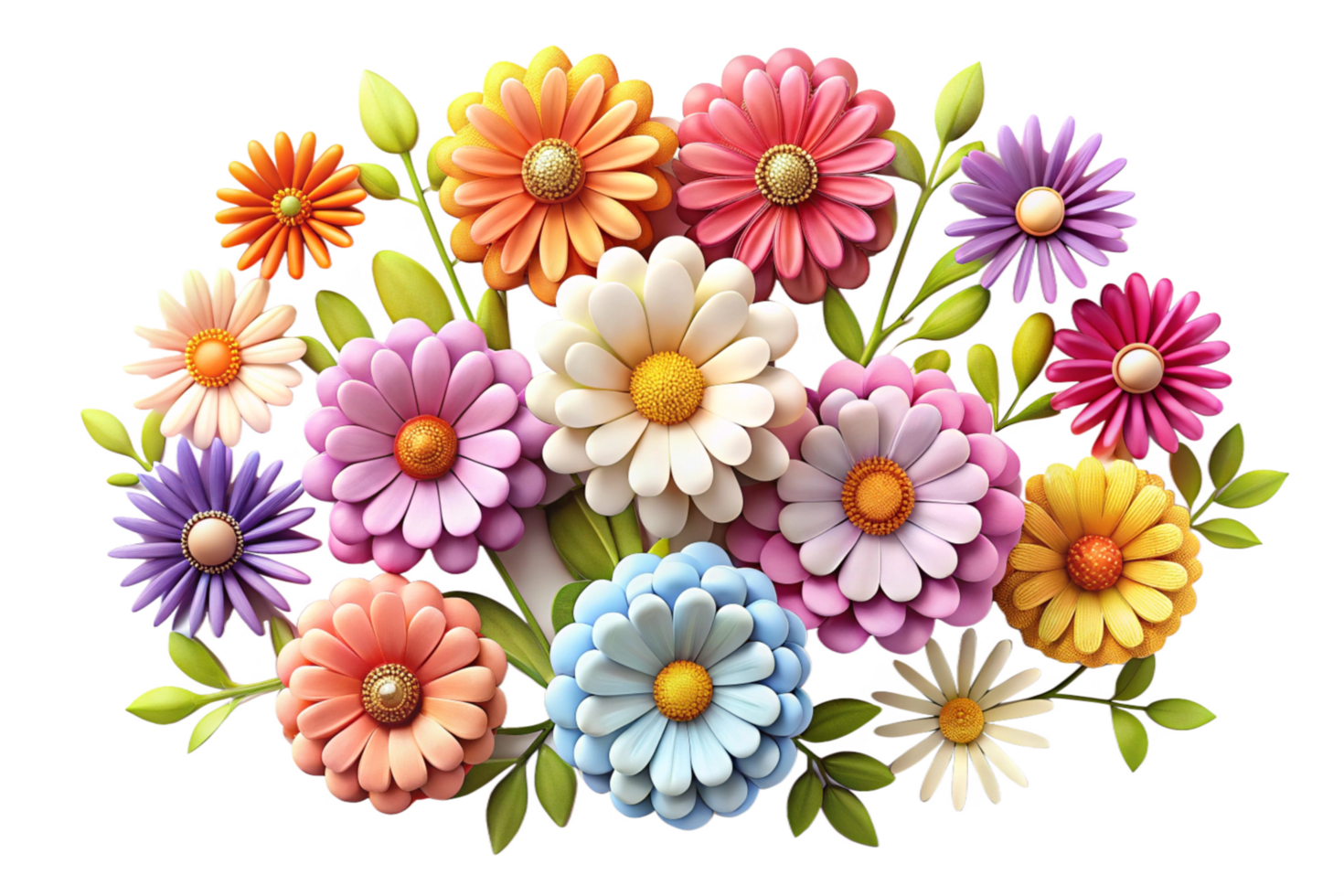 Vibrant 3D Render of a Colorful Flower Bouquet with Various Daisy Types png
